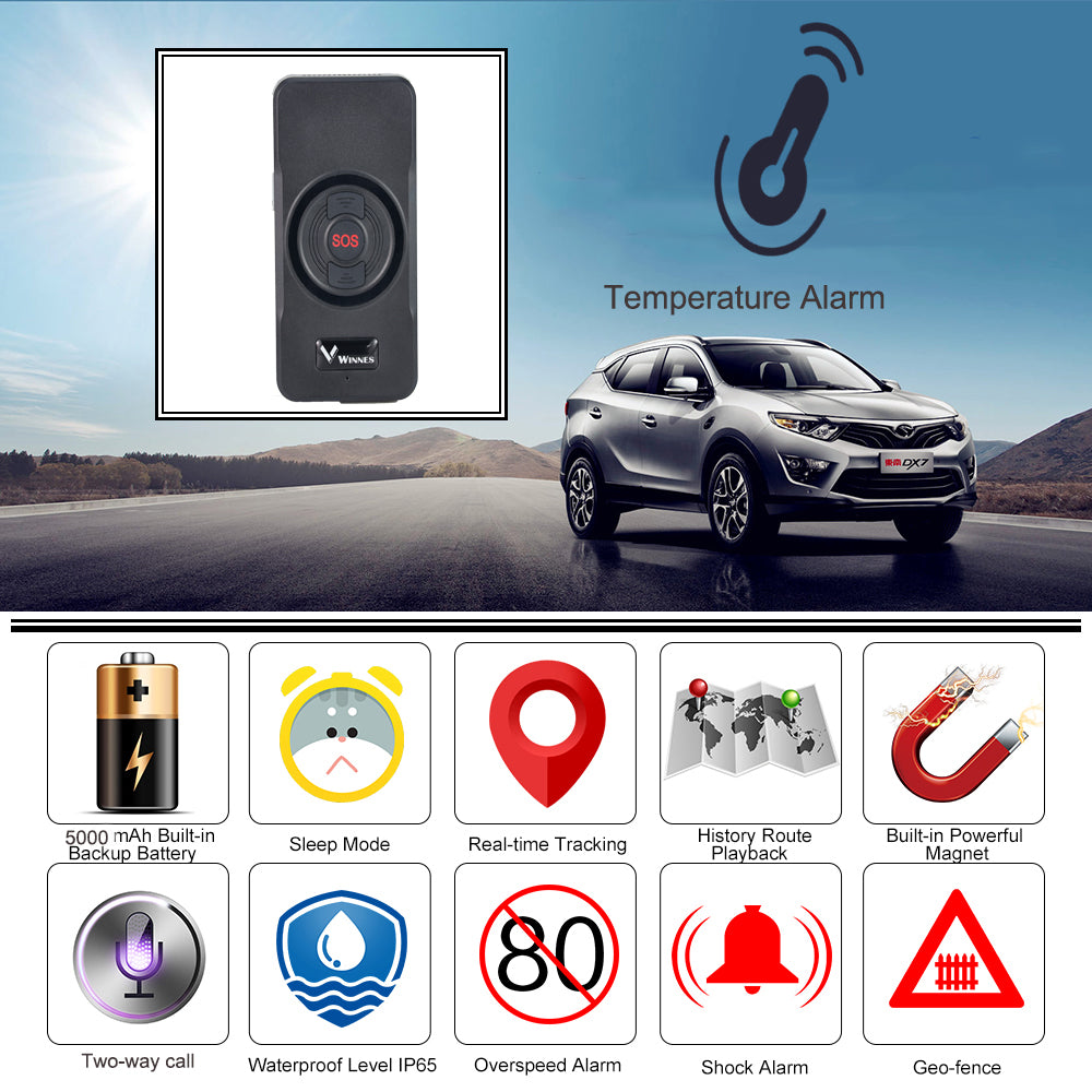 WINNES GPS Car Tracker 5000mAH Battery 60 Days Standby GPS Tracker with Real-Time Tracking Application, Two-Way Calling, Temperature Detection, Multiple SOS Alarms(2G TKS2)